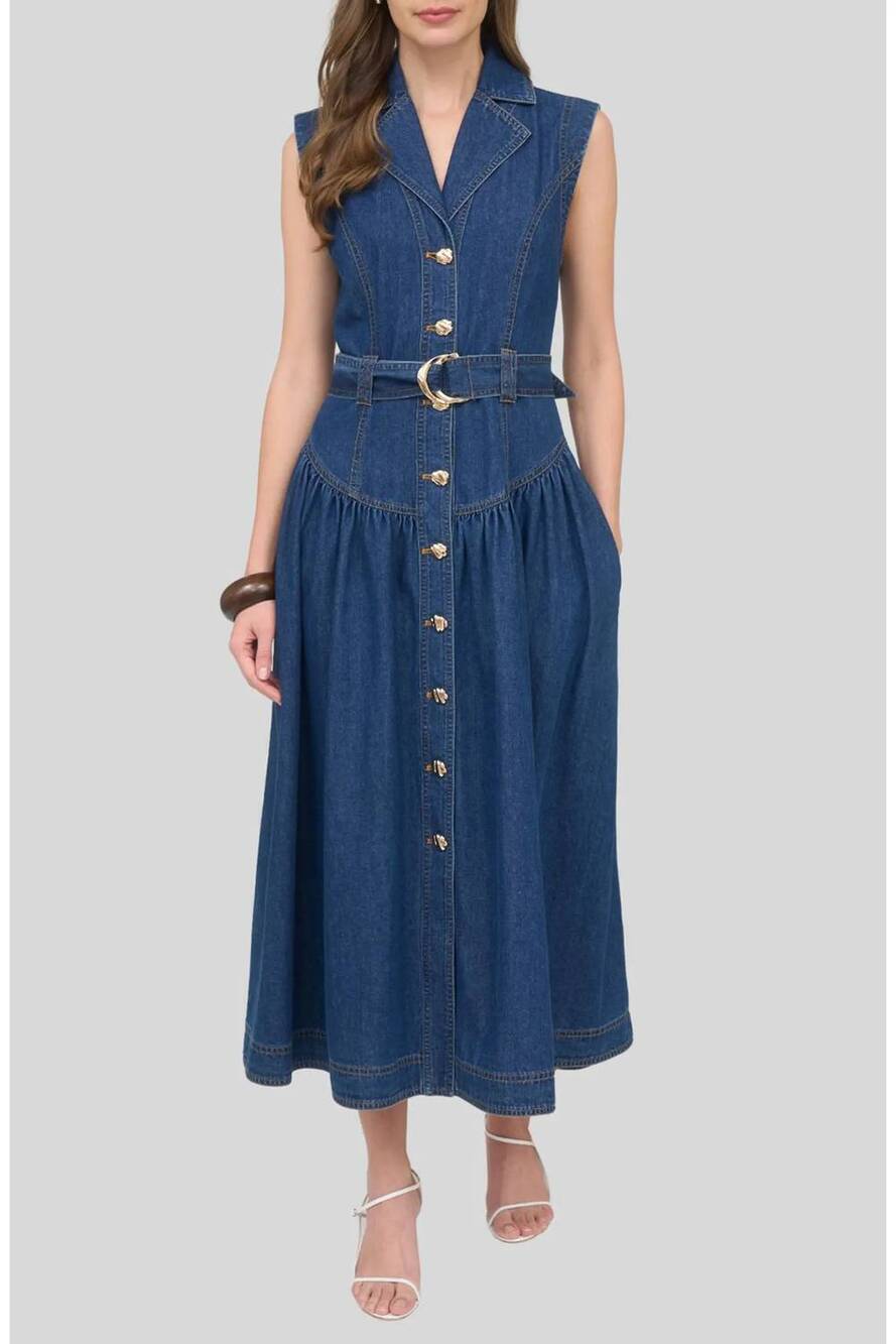 NEW ZOE AND CLAIRE belted sleeveless denim maxi dress in blue
